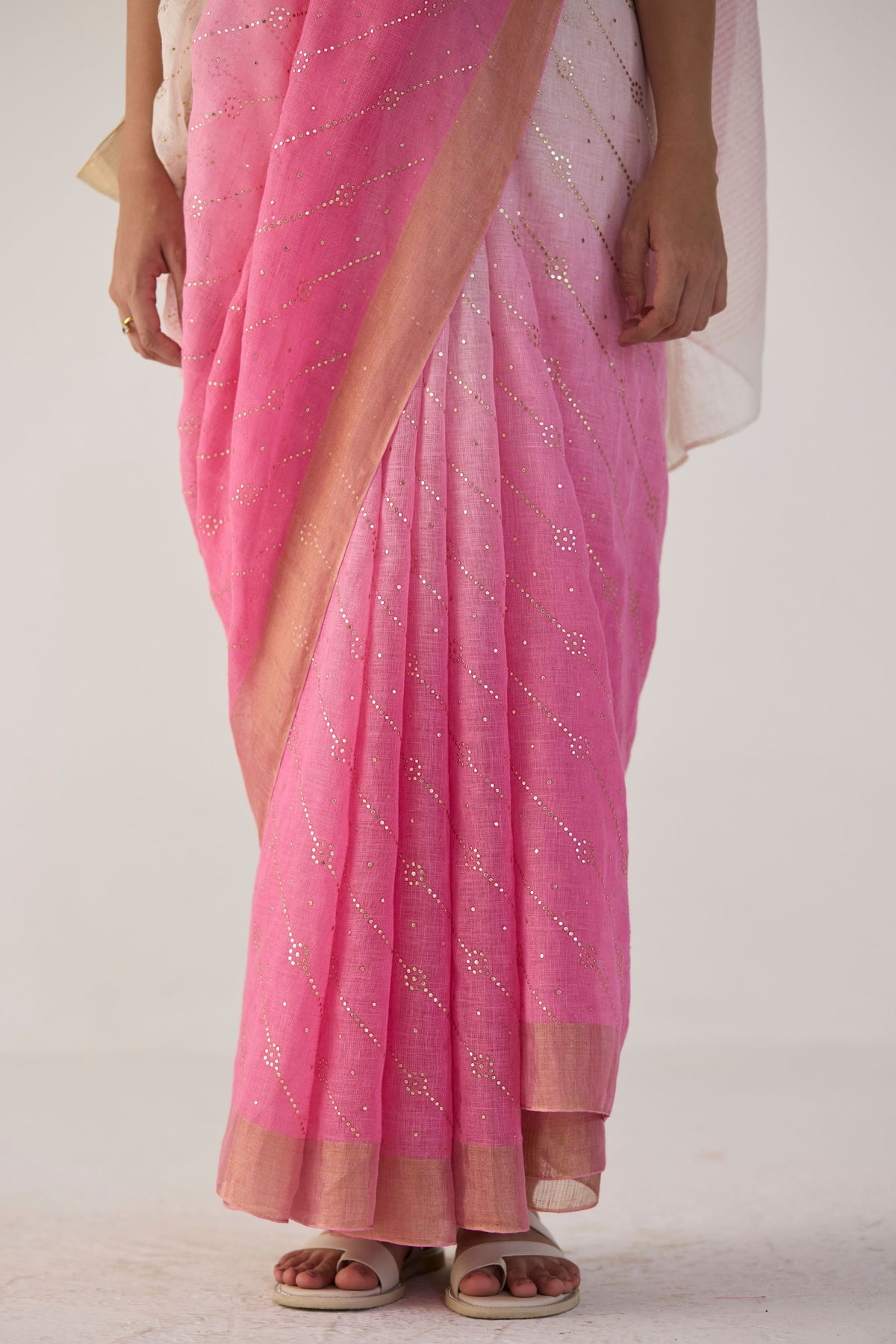 Pink Ombre Sari With Gold Dots Print