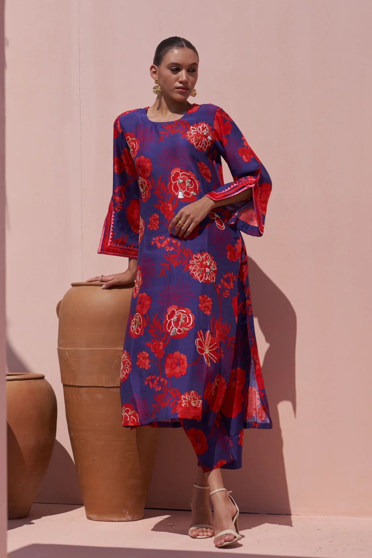 Blue &amp; Red Moroccan Jaal Kurta Set