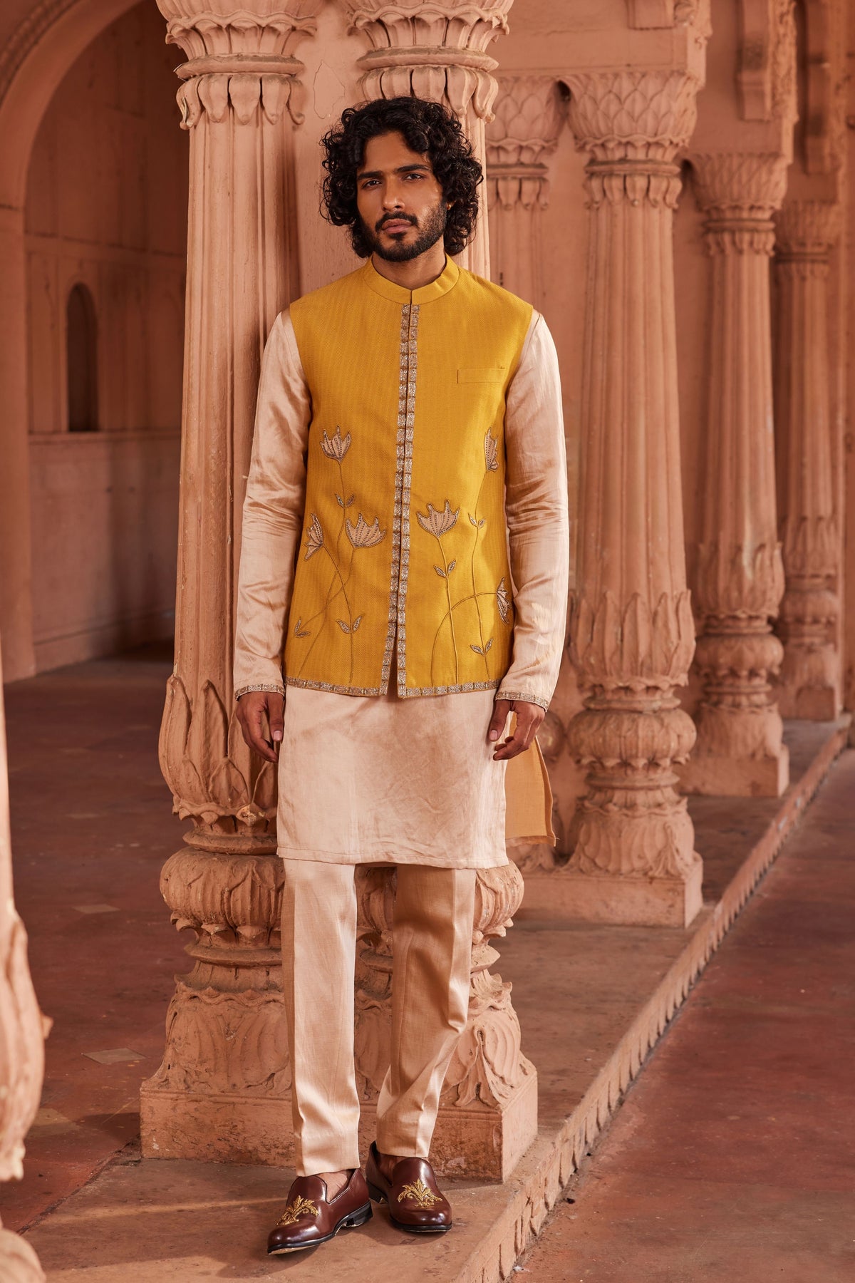 Marigold Silk Nehru Jacket Set