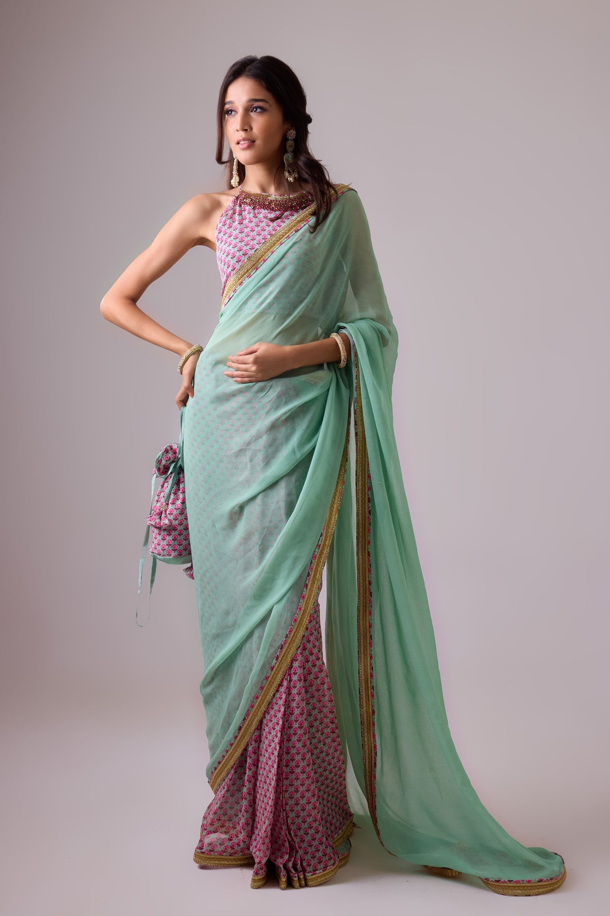 Pista Green Saree Set