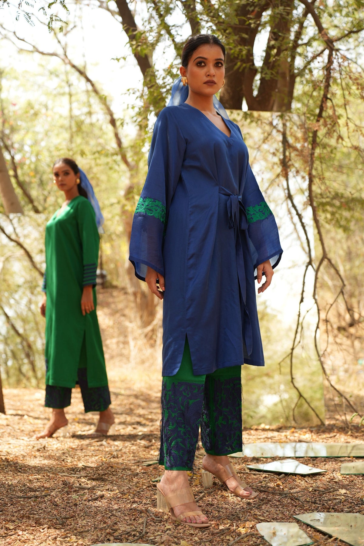 Blue Embroidered Tie up Kurta With Pants