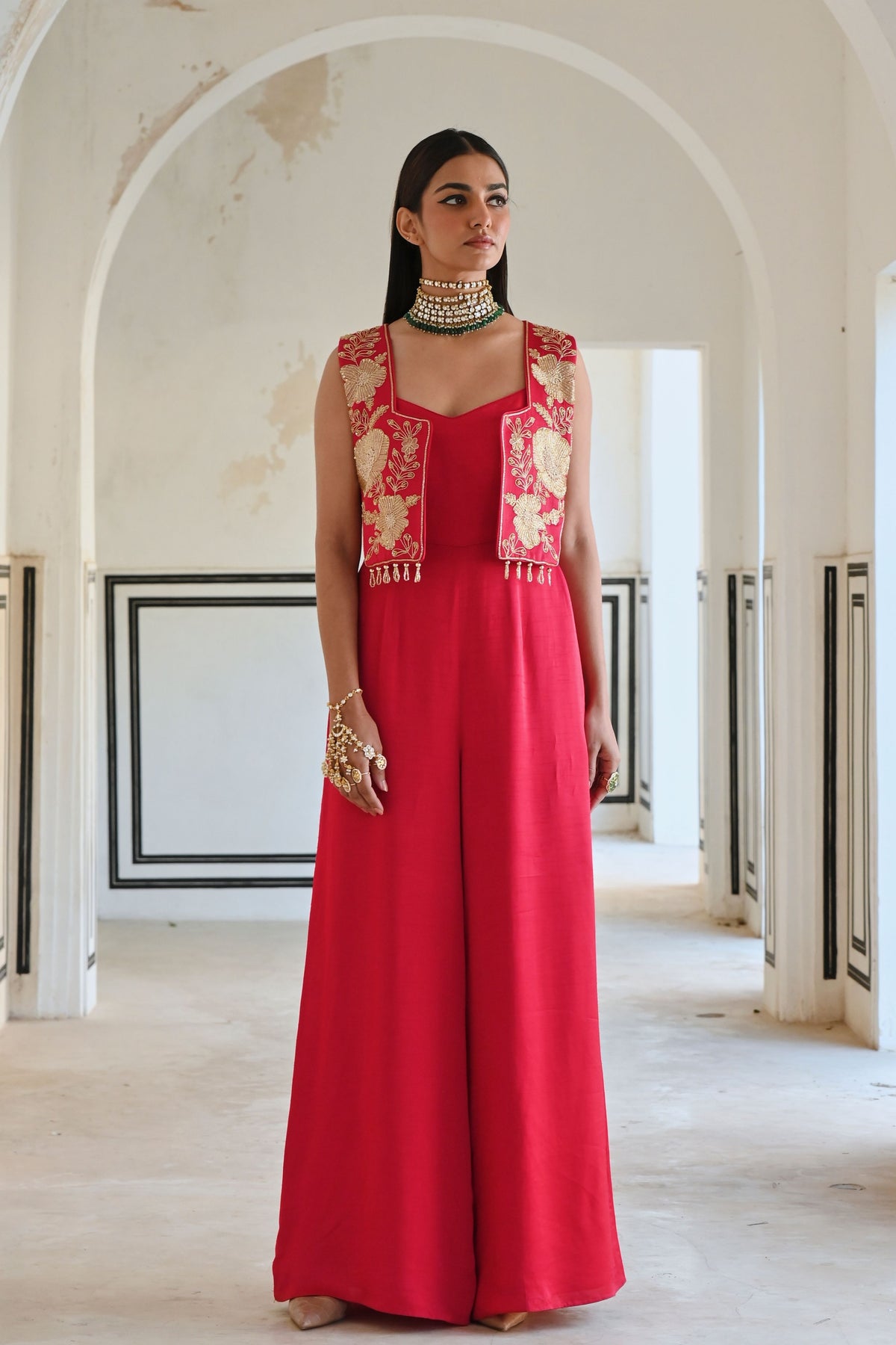 Red Embroidered Jumpsuit With Jacket