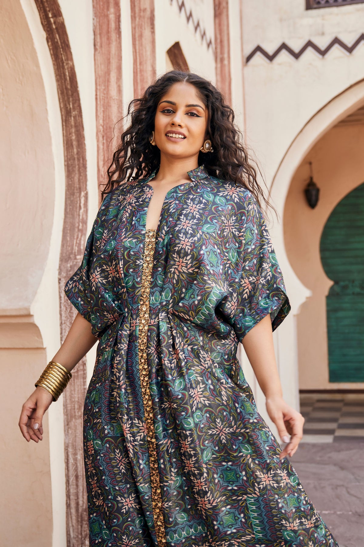 Printed Kaftan Dress with Mirror Work