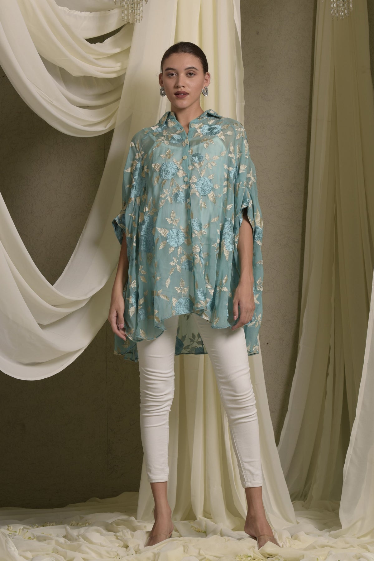 Elahe Embroidered Rose Aqua Shirt