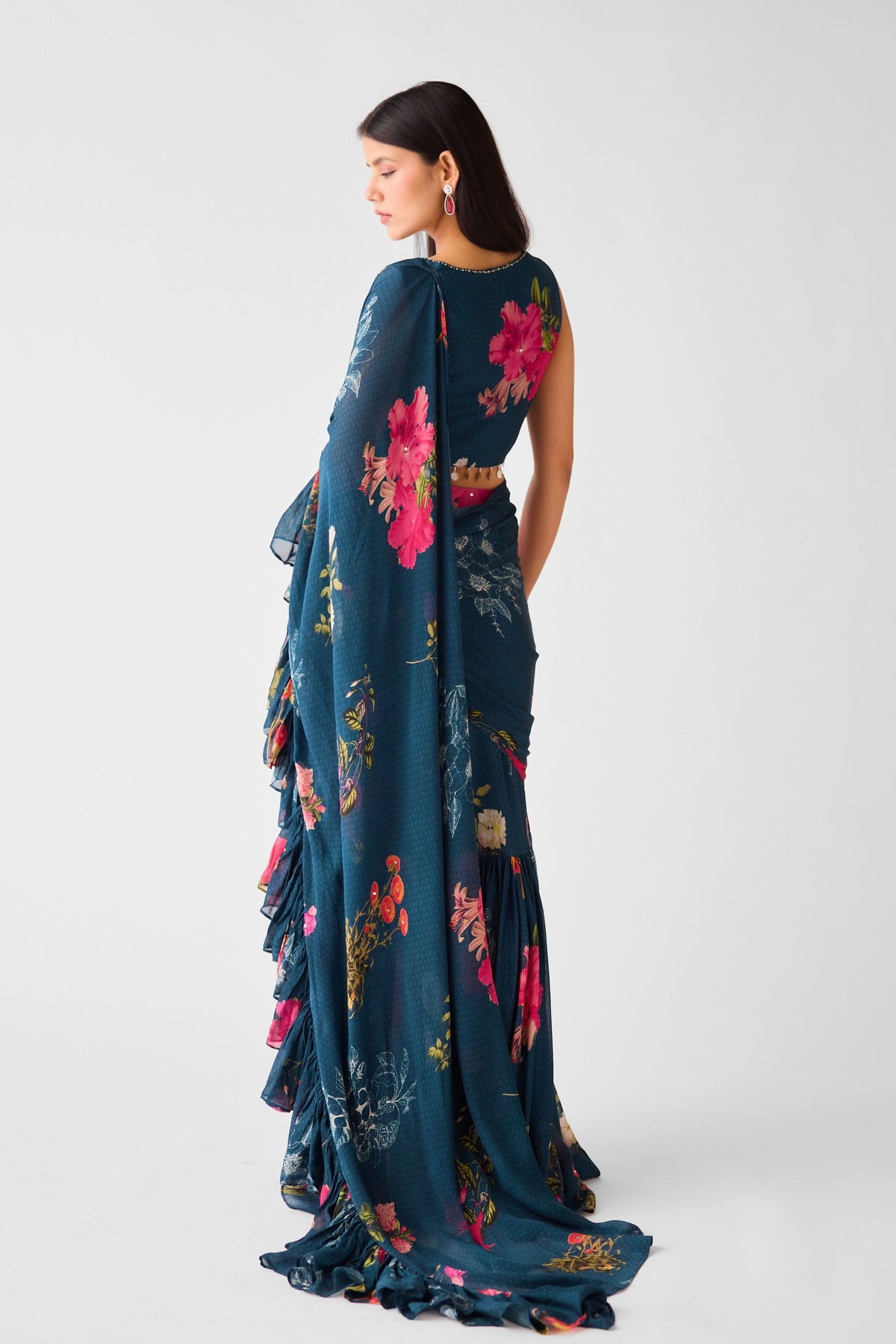 Teal Embroidered Floral Saree Set