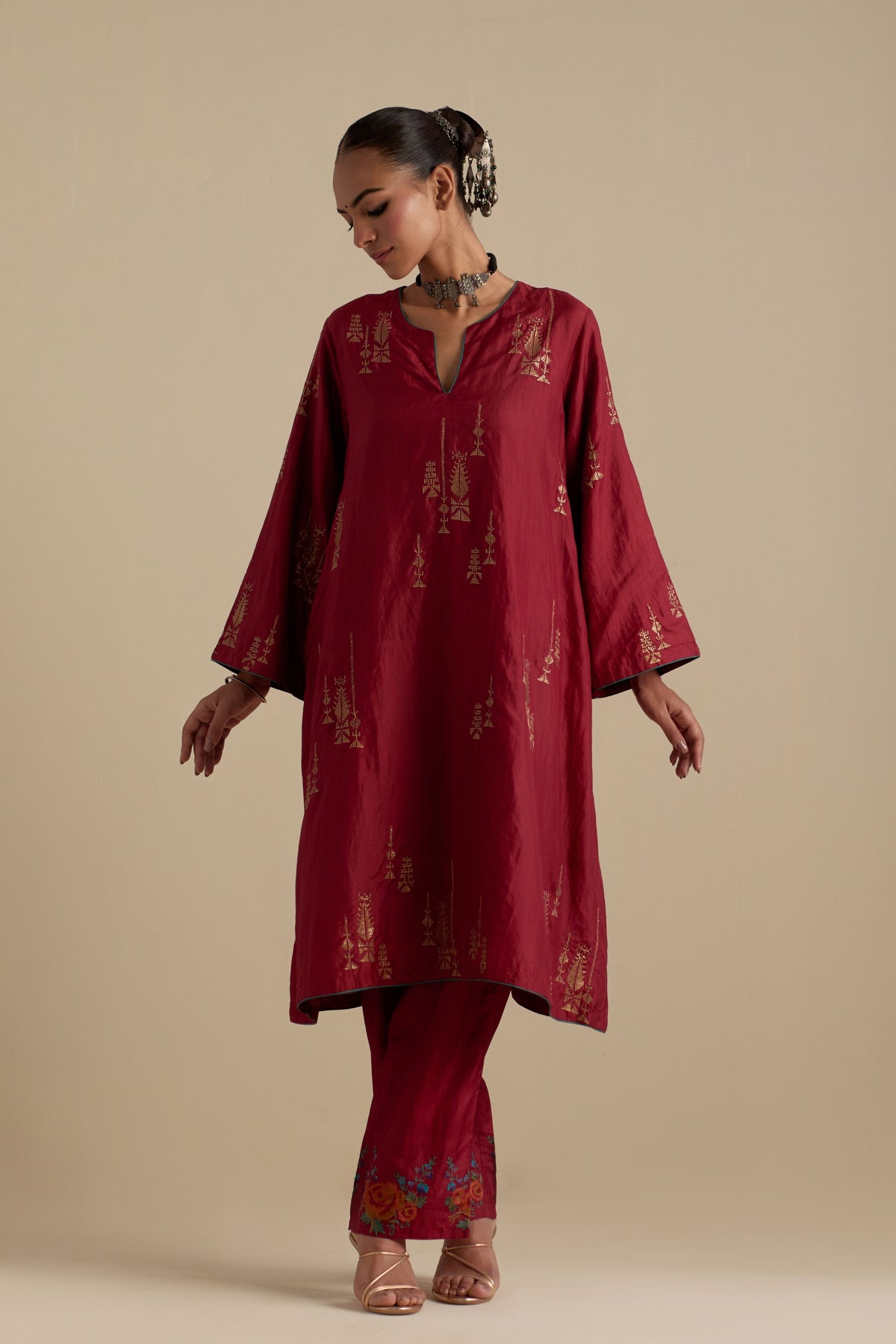 Barn Red Silk Short Kurta Set