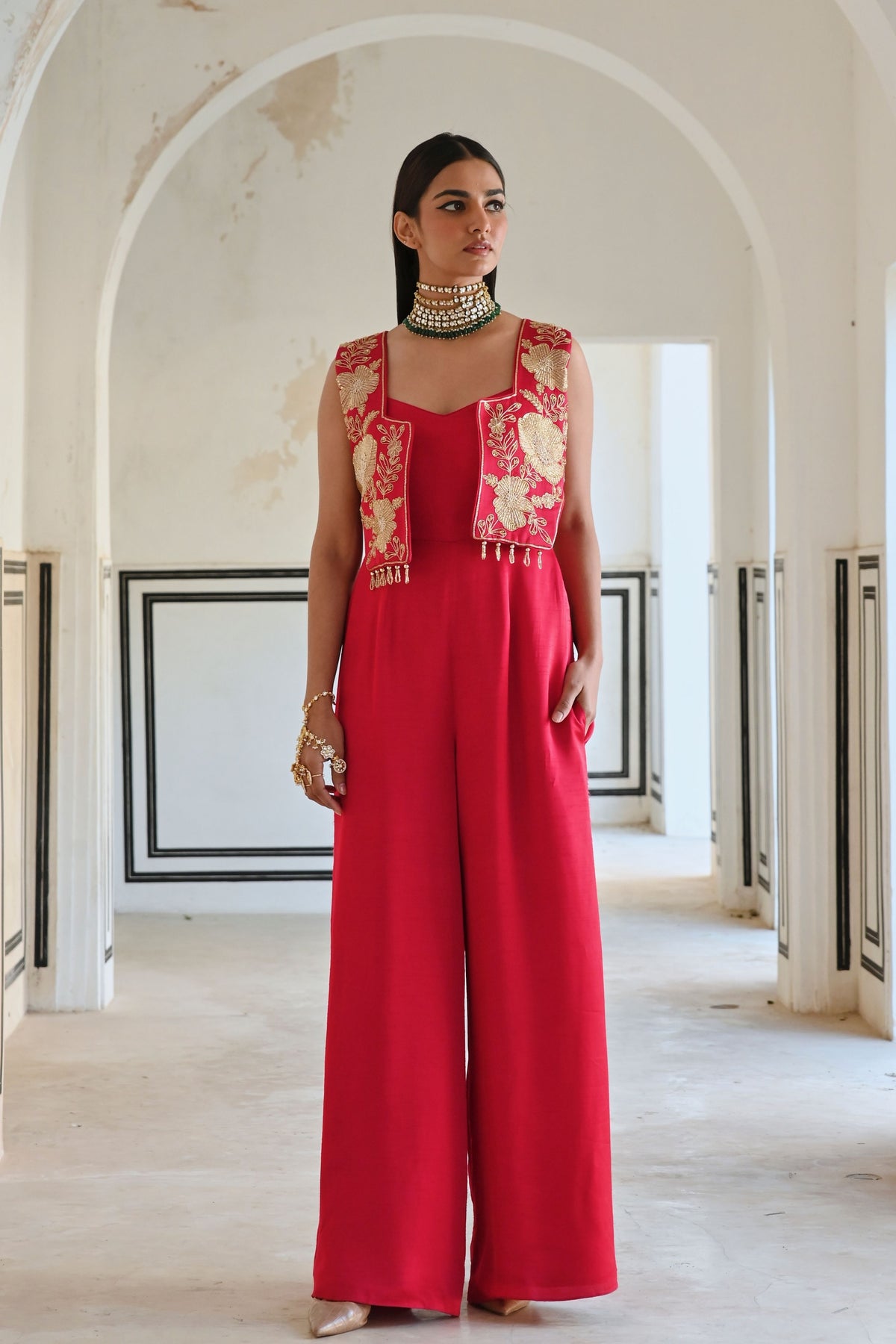 Red Embroidered Jumpsuit With Jacket