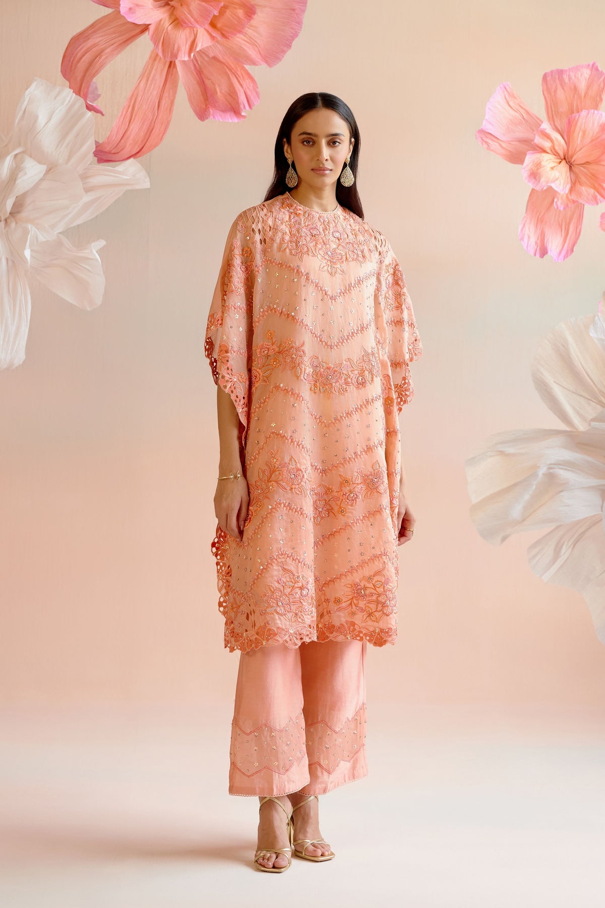 Apricot Multitonal Cutwork Kaftan