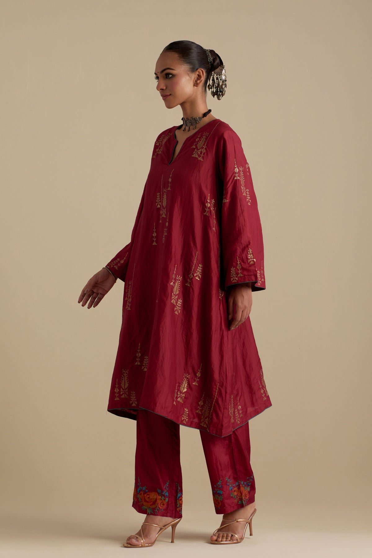 Barn Red Silk Short Kurta Set