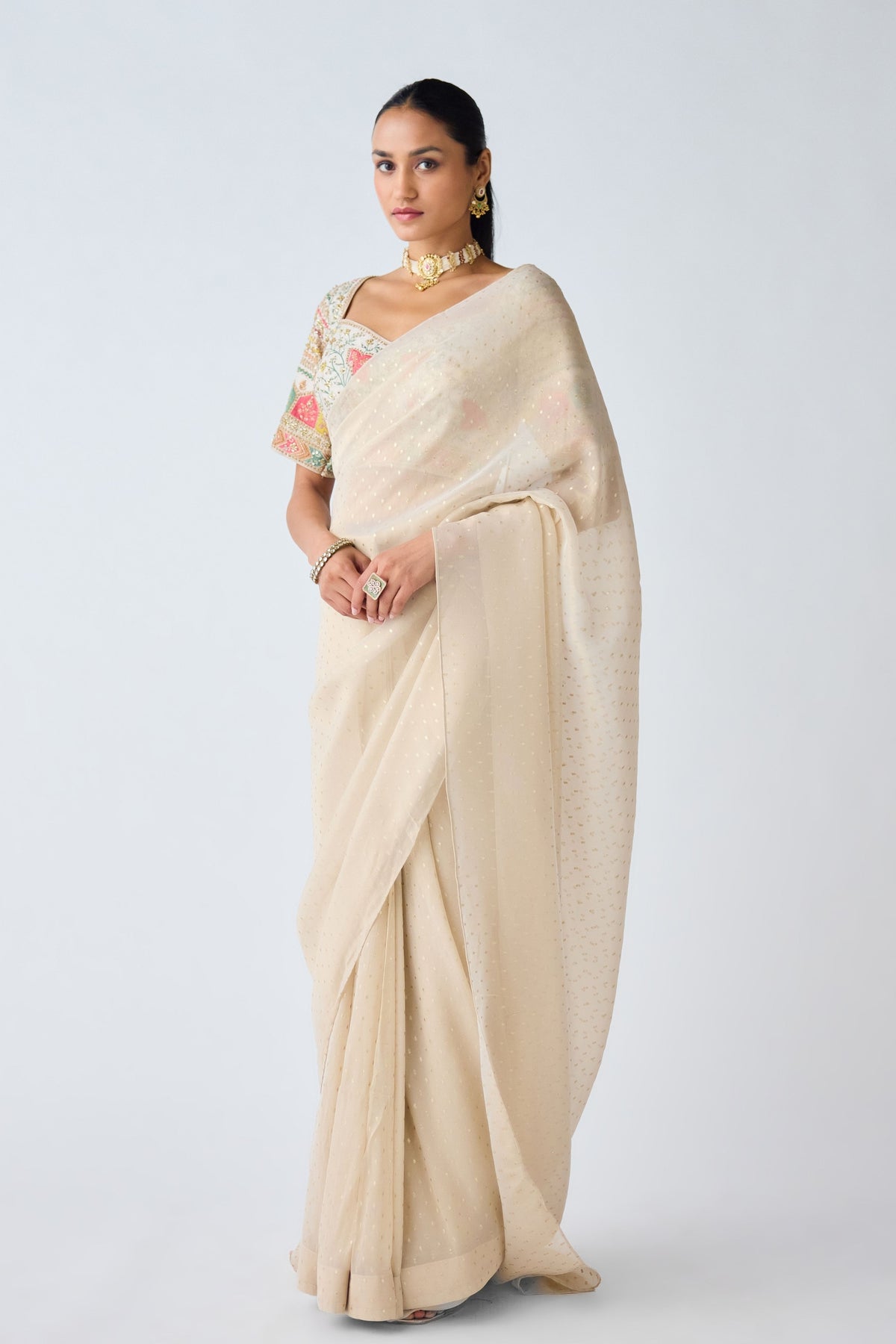 Ivory Sequins &amp; Resham Saree Set