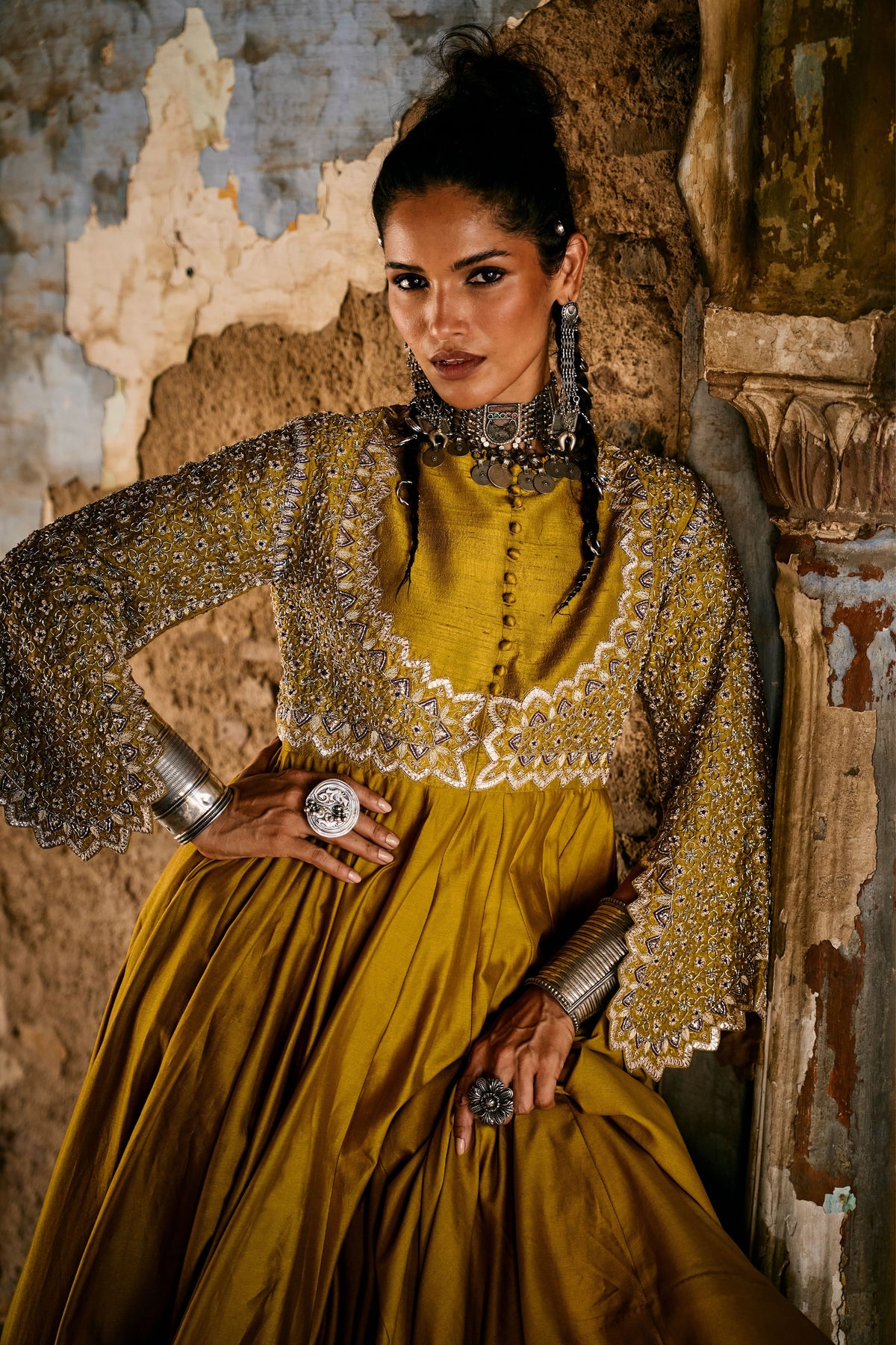 Embroidered Mustard Anarkali