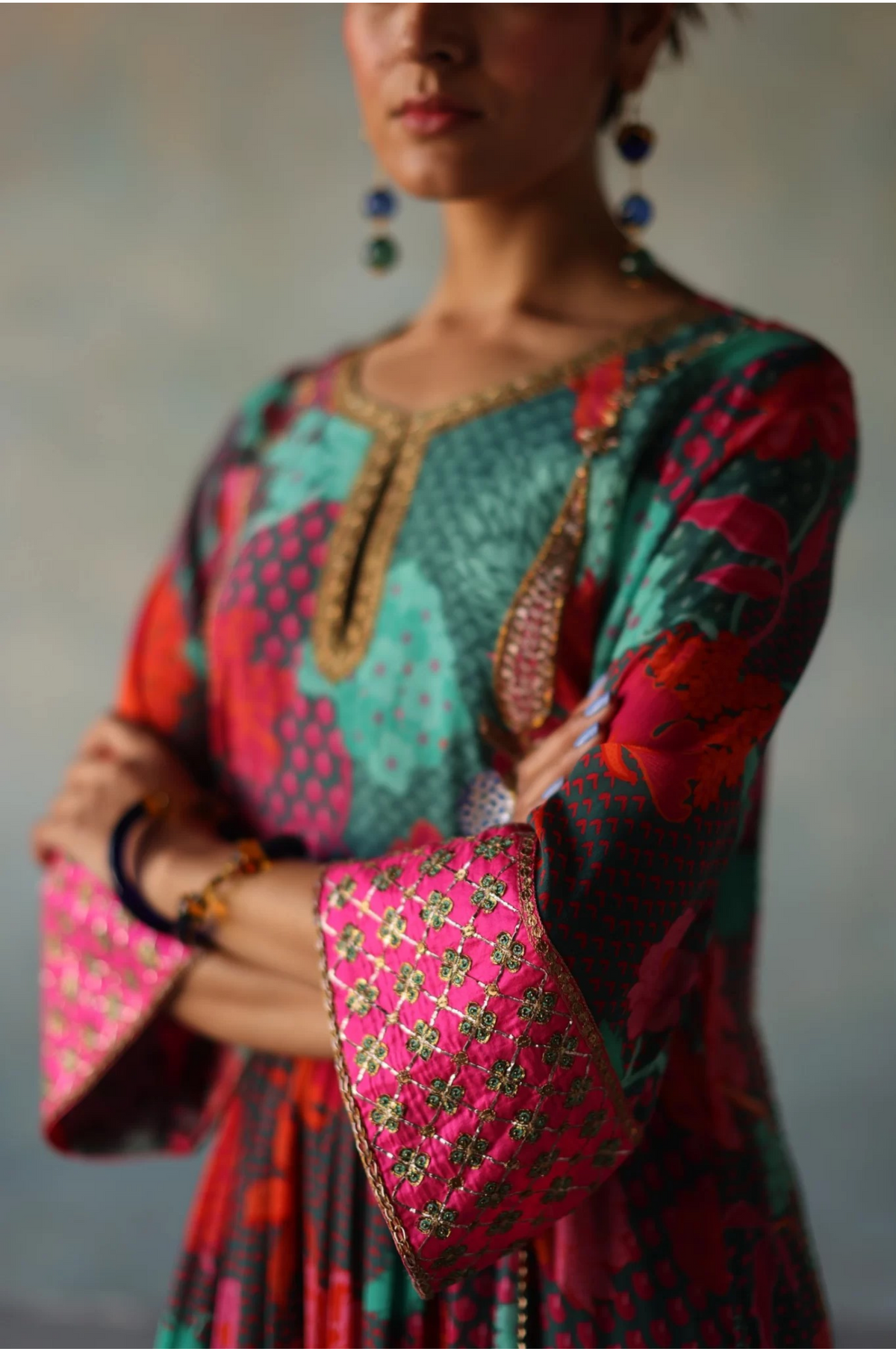 Gul Teal Yoke Check Sleeve Kurta Set