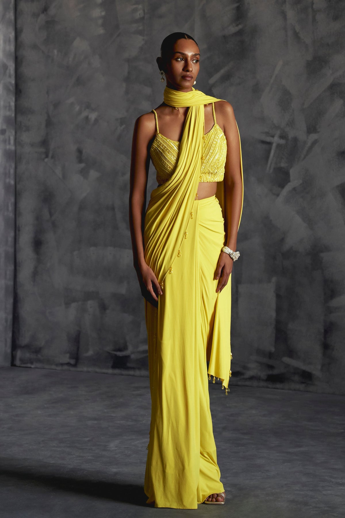 Yellow Fitted Draped Saree Set