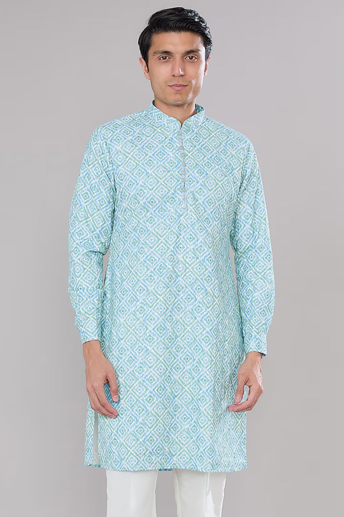 Blue And Green Ikat Printed Kurta Set