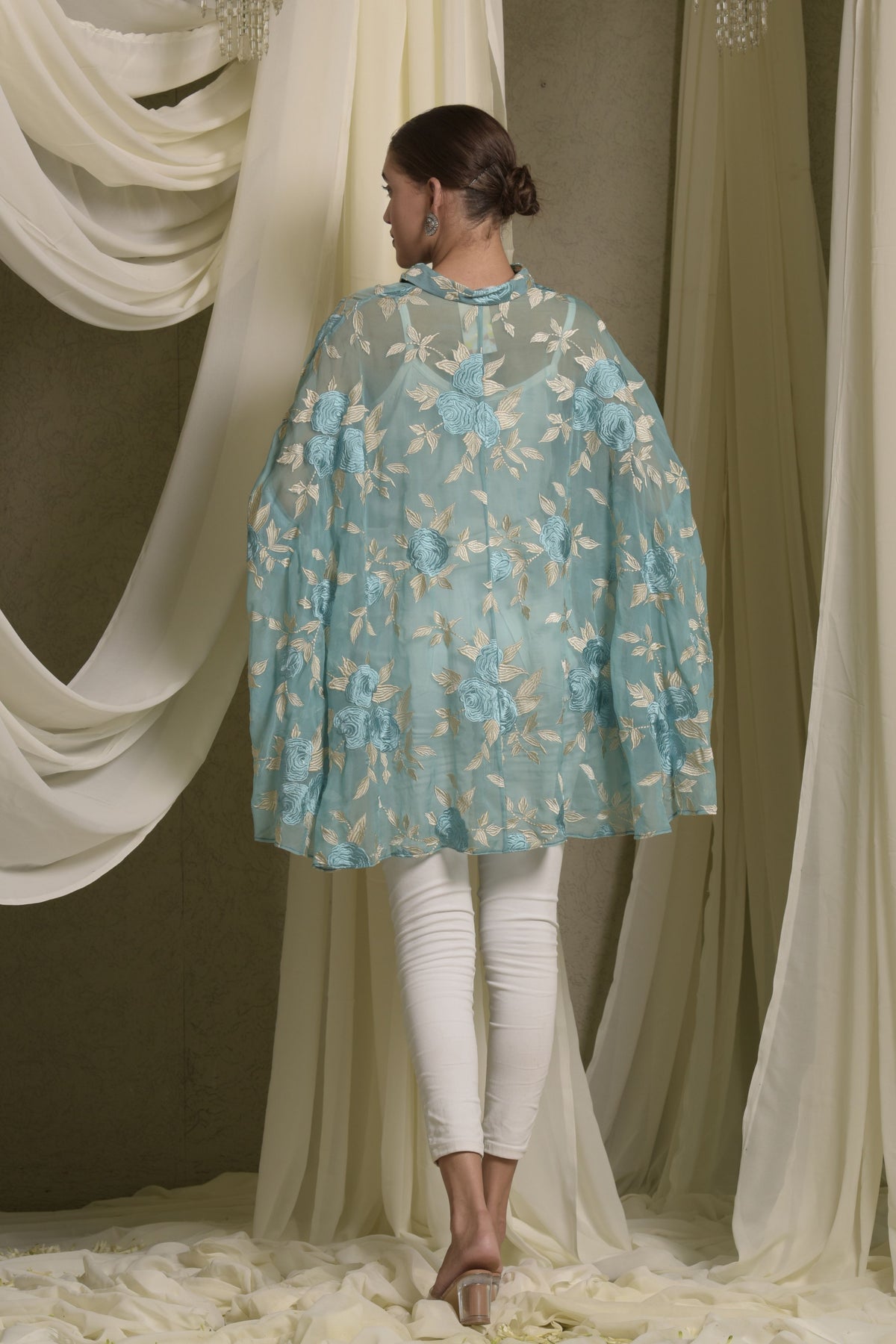 Elahe Embroidered Rose Aqua Shirt