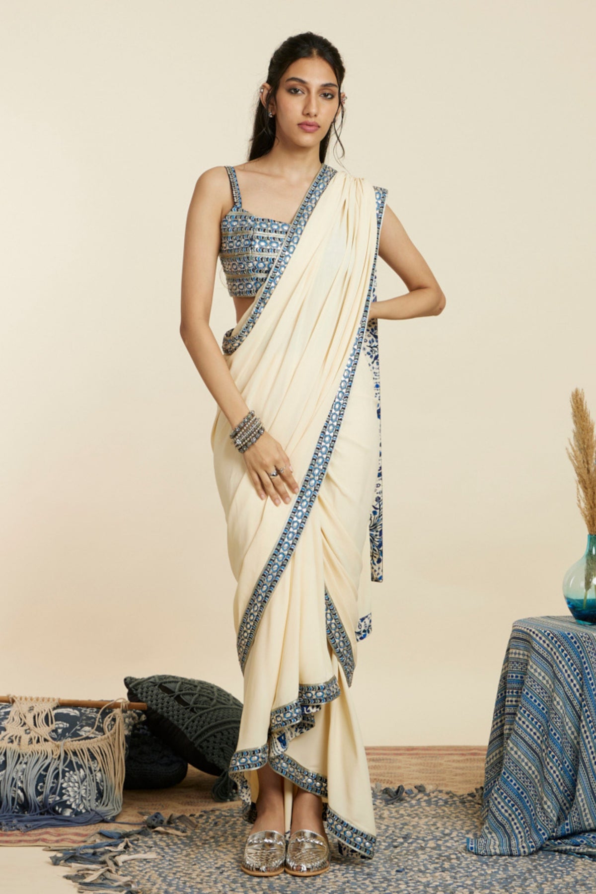 Beige Cascade Saree Set