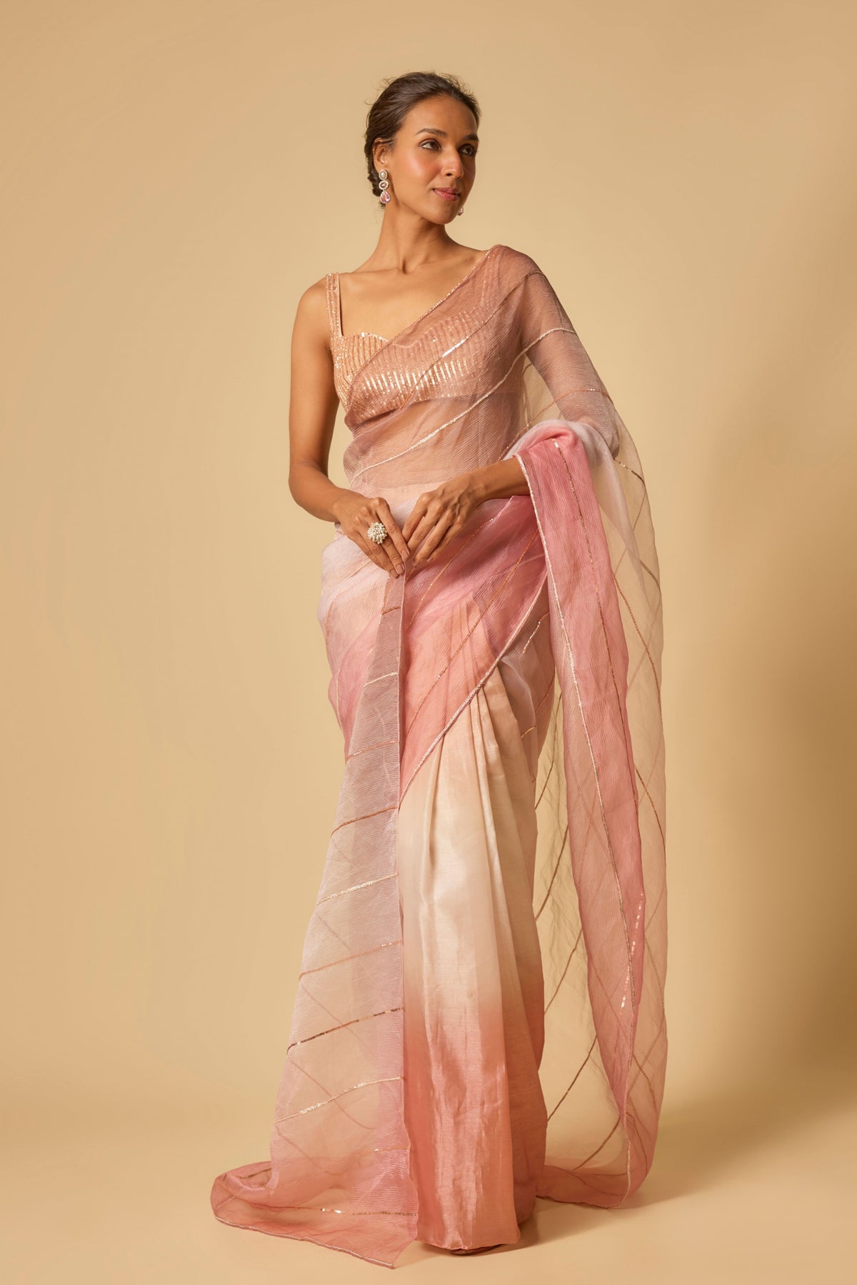 Pink Ombre Embroidered Saree Set