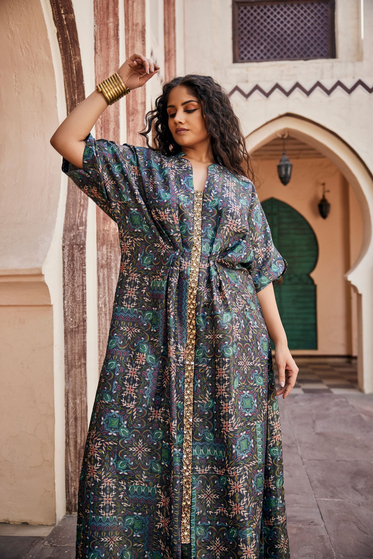 Printed Kaftan Dress with Mirror Work