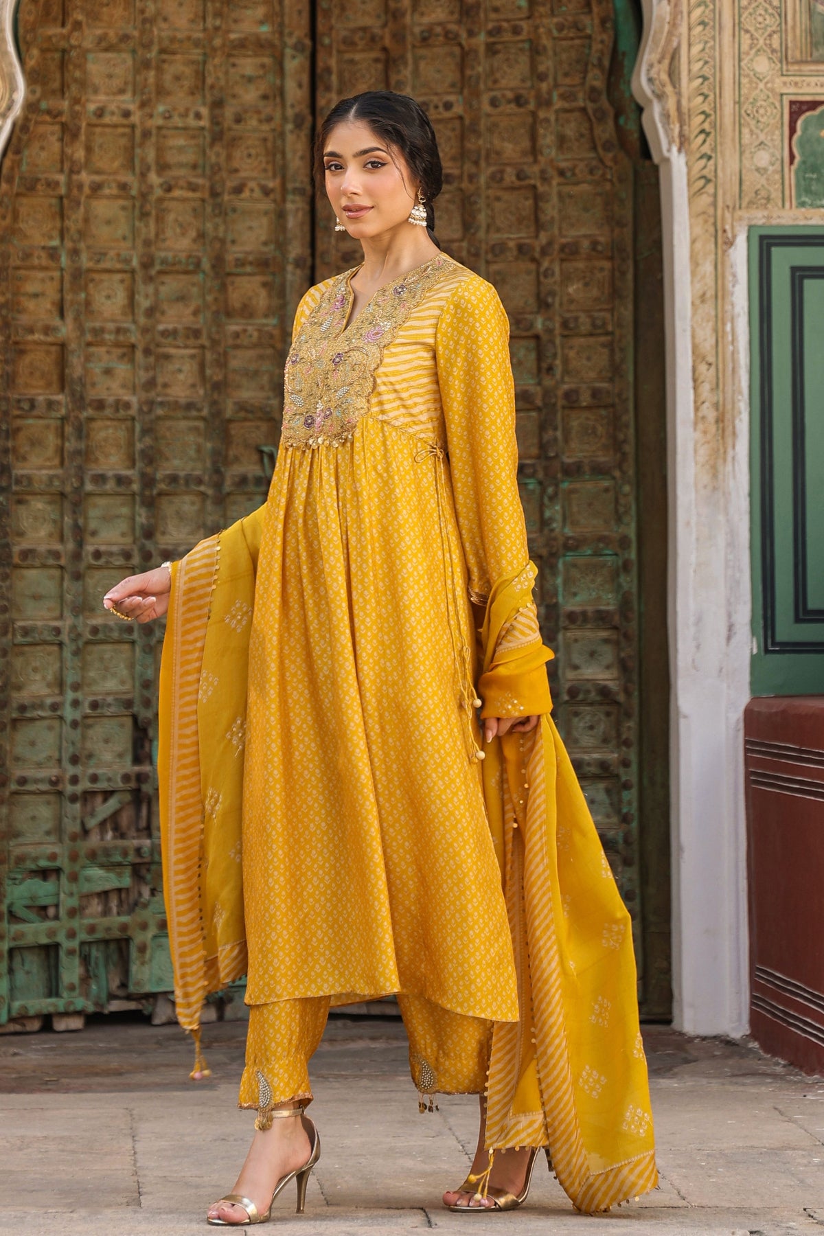 Printed Frockstyle Mustard Kurta Set