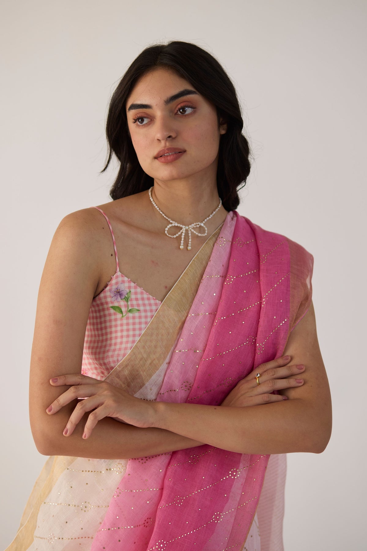 Pink Ombre Sari With Gold Dots Print