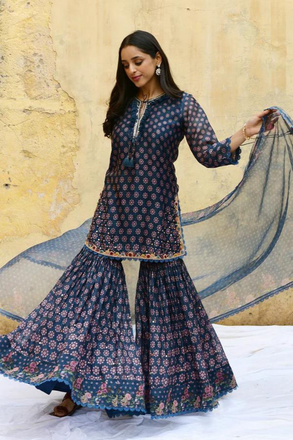 Blue Dotted Cascade Sharara Set