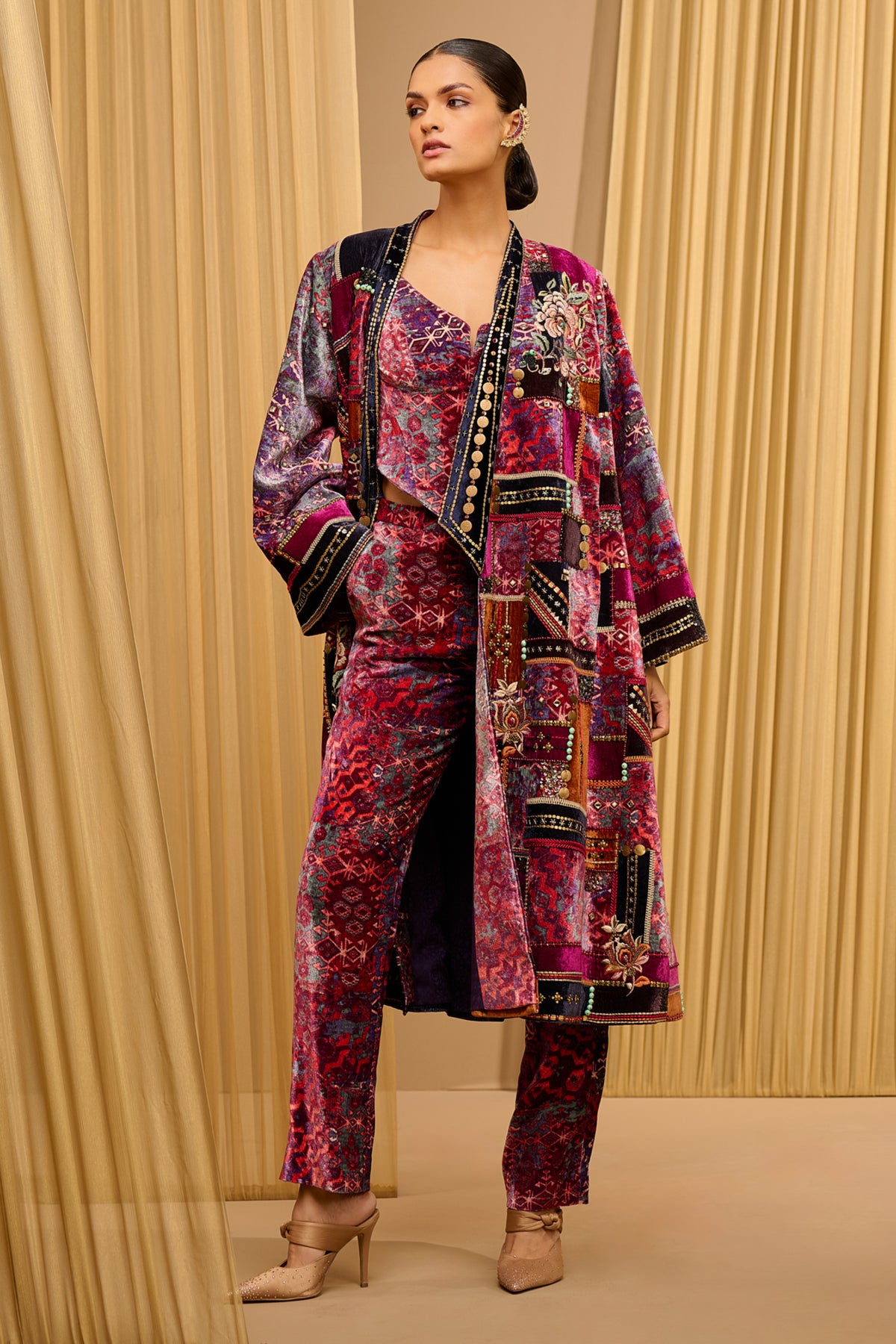 Velvet Printed Long Jacket Set