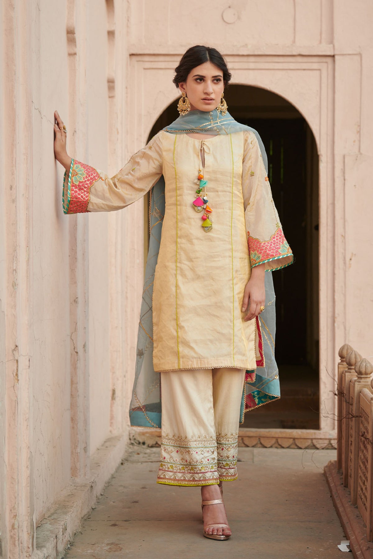 Zahra Ivory Golden Bell Short Kurta Set