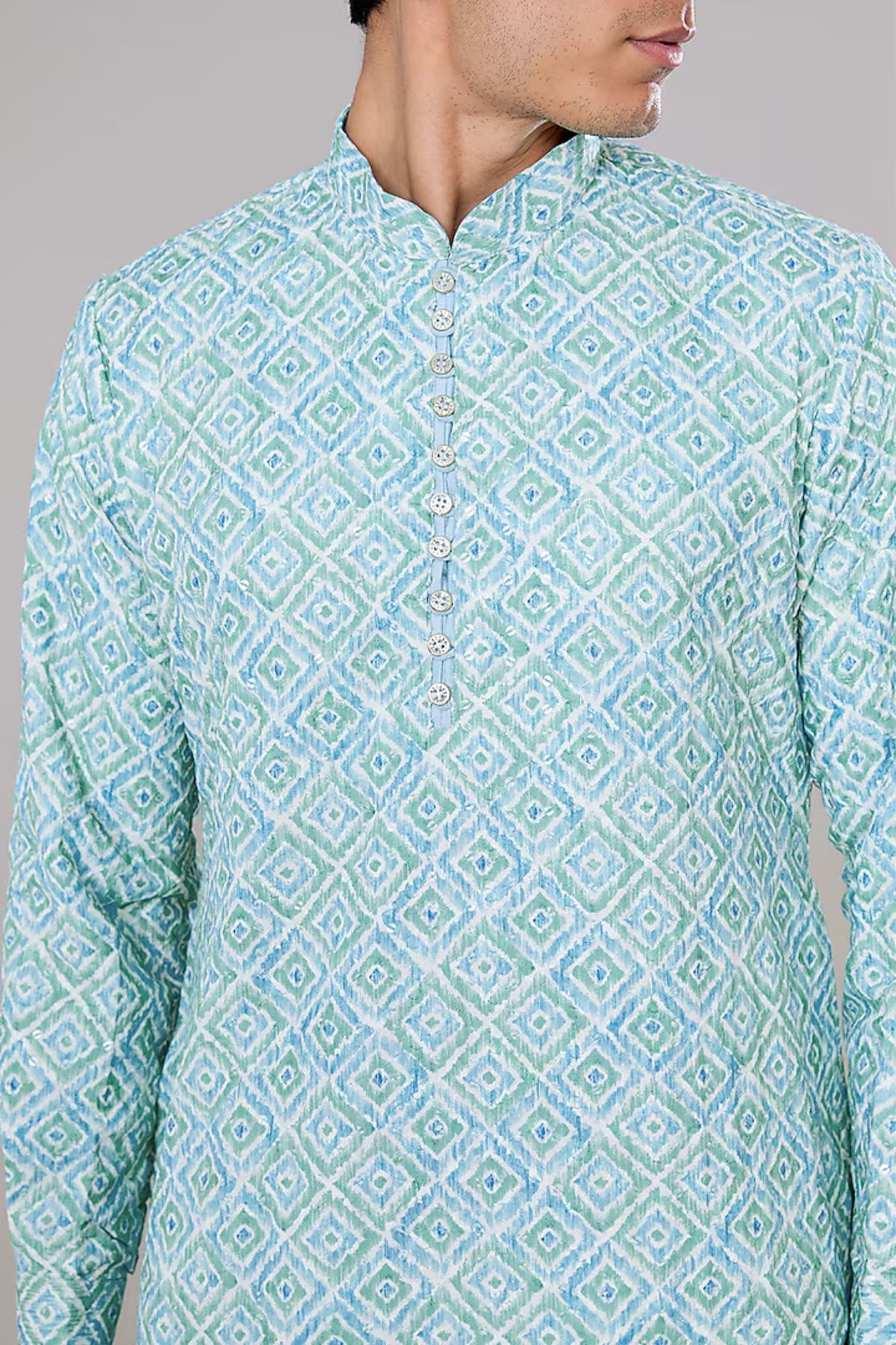 Blue And Green Ikat Printed Kurta Set