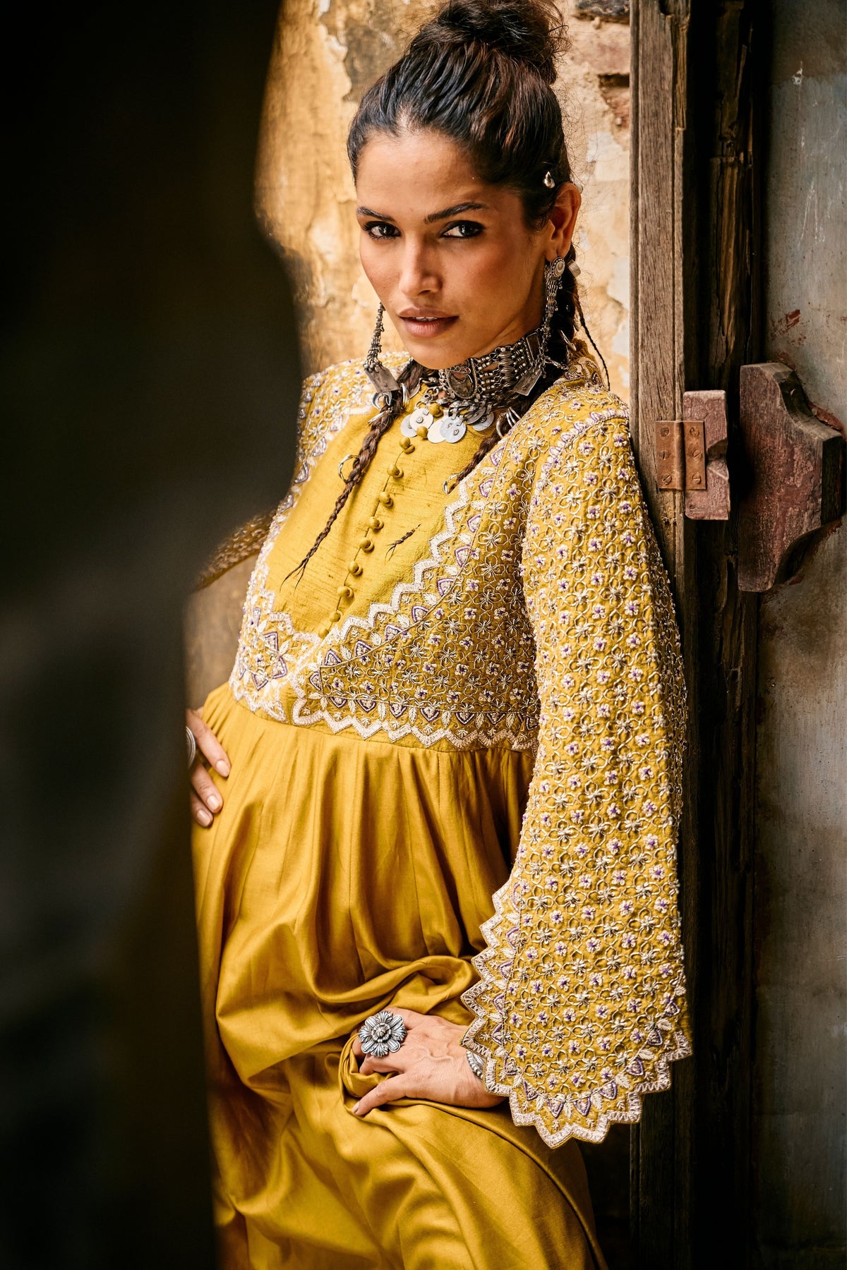 Embroidered Mustard Anarkali