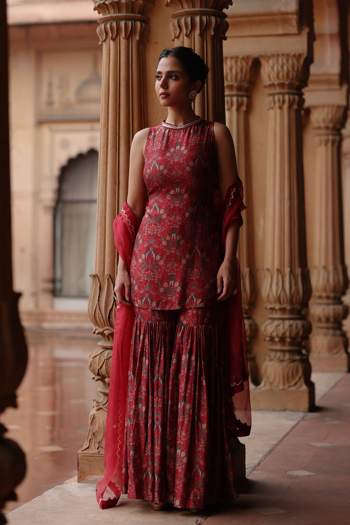 Red Printed Sharara Set