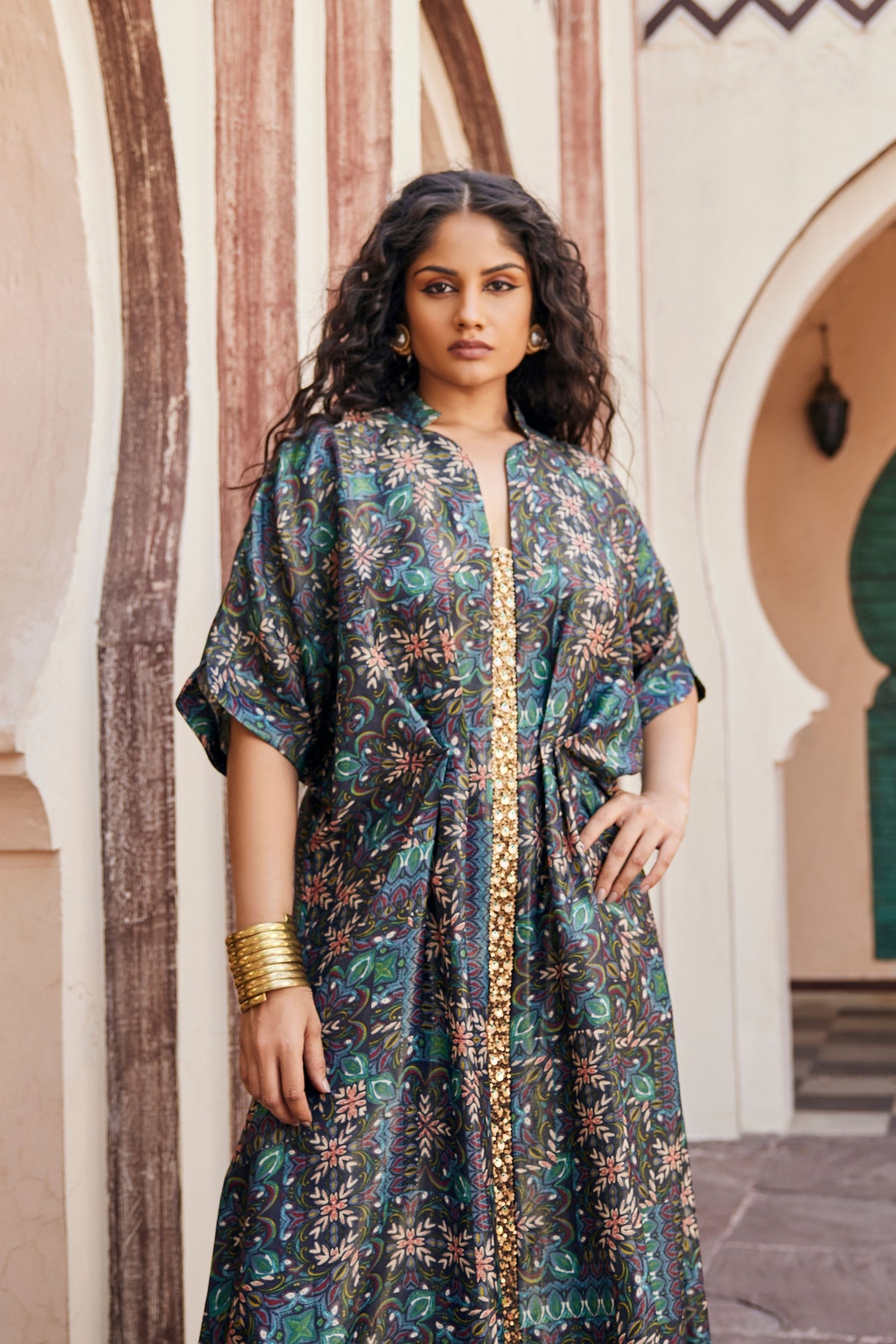 Printed Kaftan Dress with Mirror Work