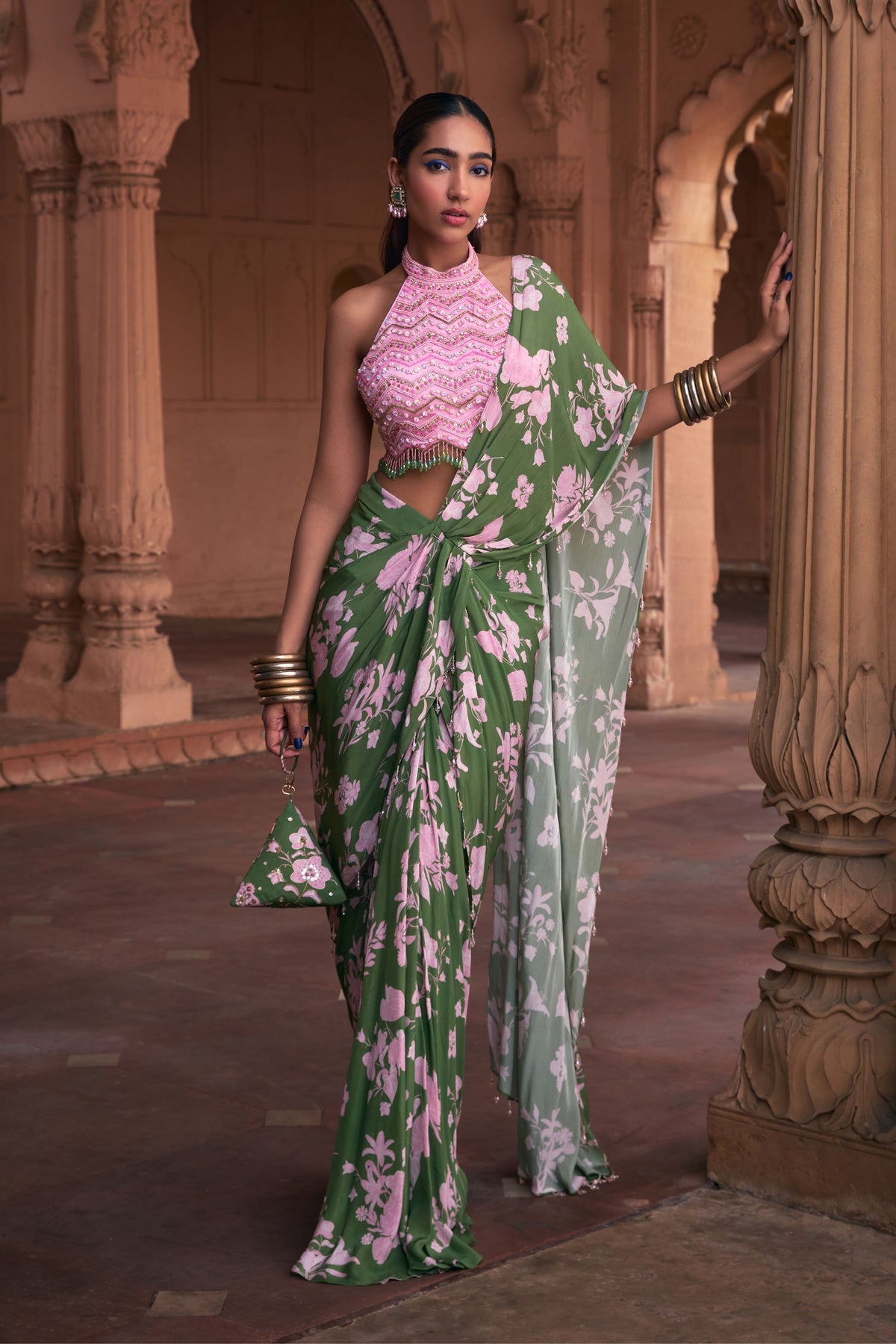 Chevron Embroidered Draped Saree Set