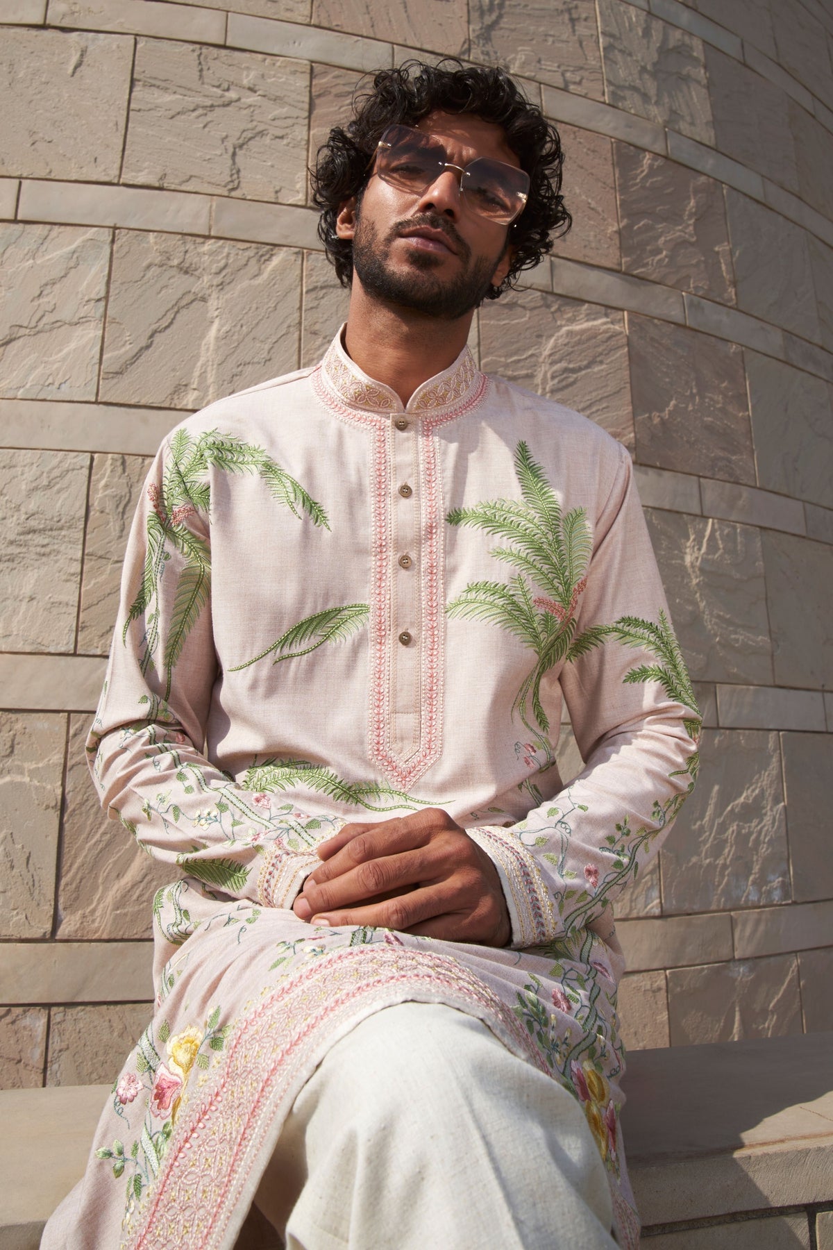 Ivory Bottle Palm Tree Kurta