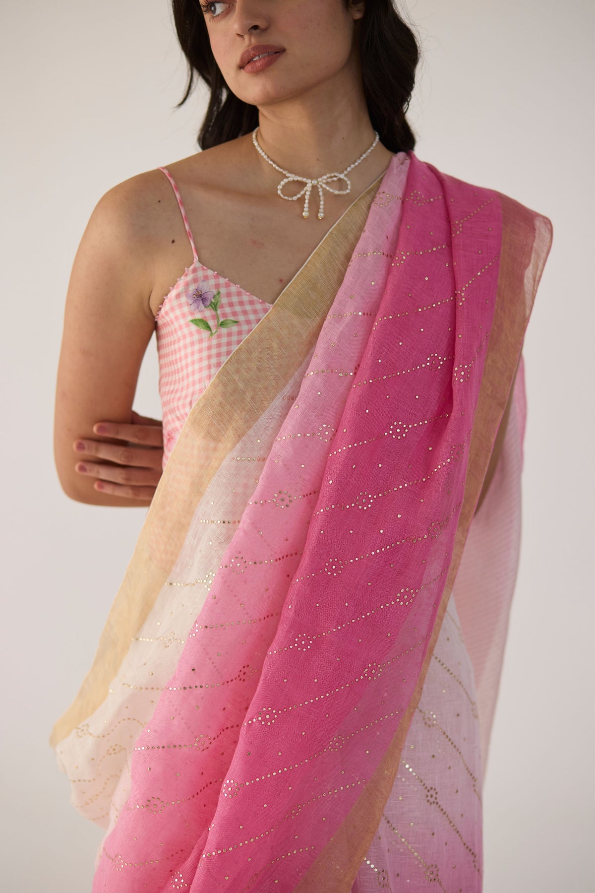 Pink Ombre Sari With Gold Dots Print