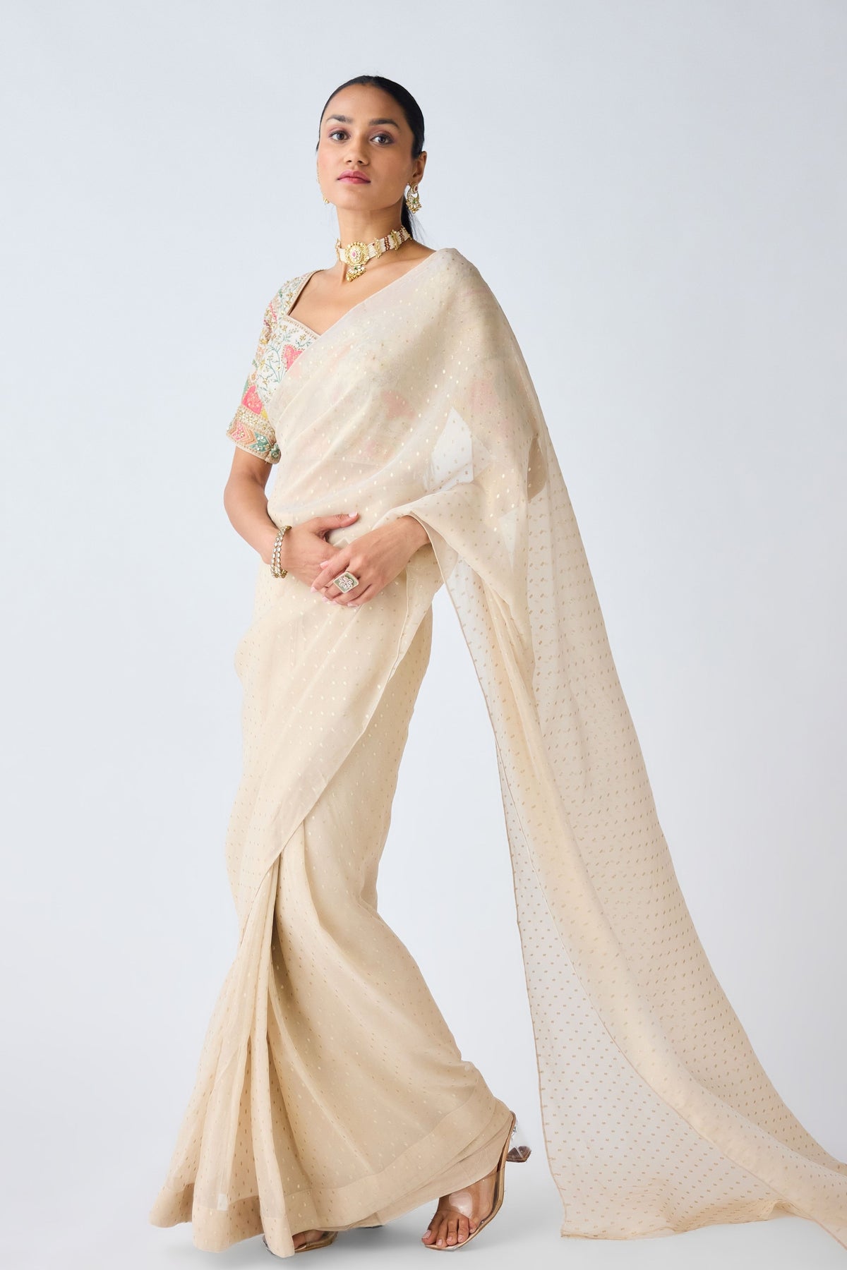 Ivory Sequins &amp; Resham Saree Set