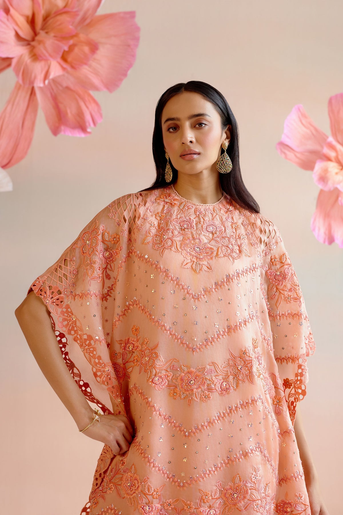 Apricot Multitonal Cutwork Kaftan