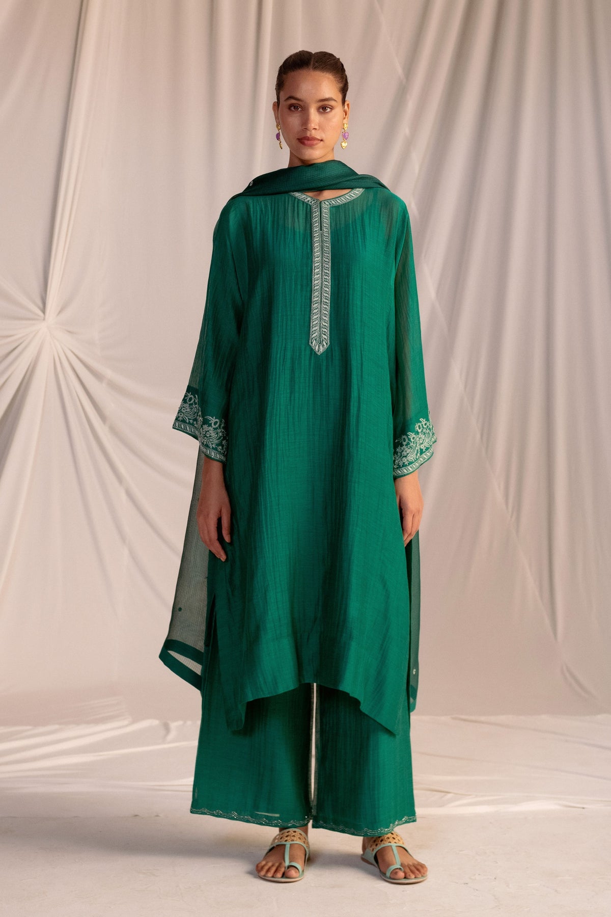 Green Embroidered Tunic &amp; Trouser Set