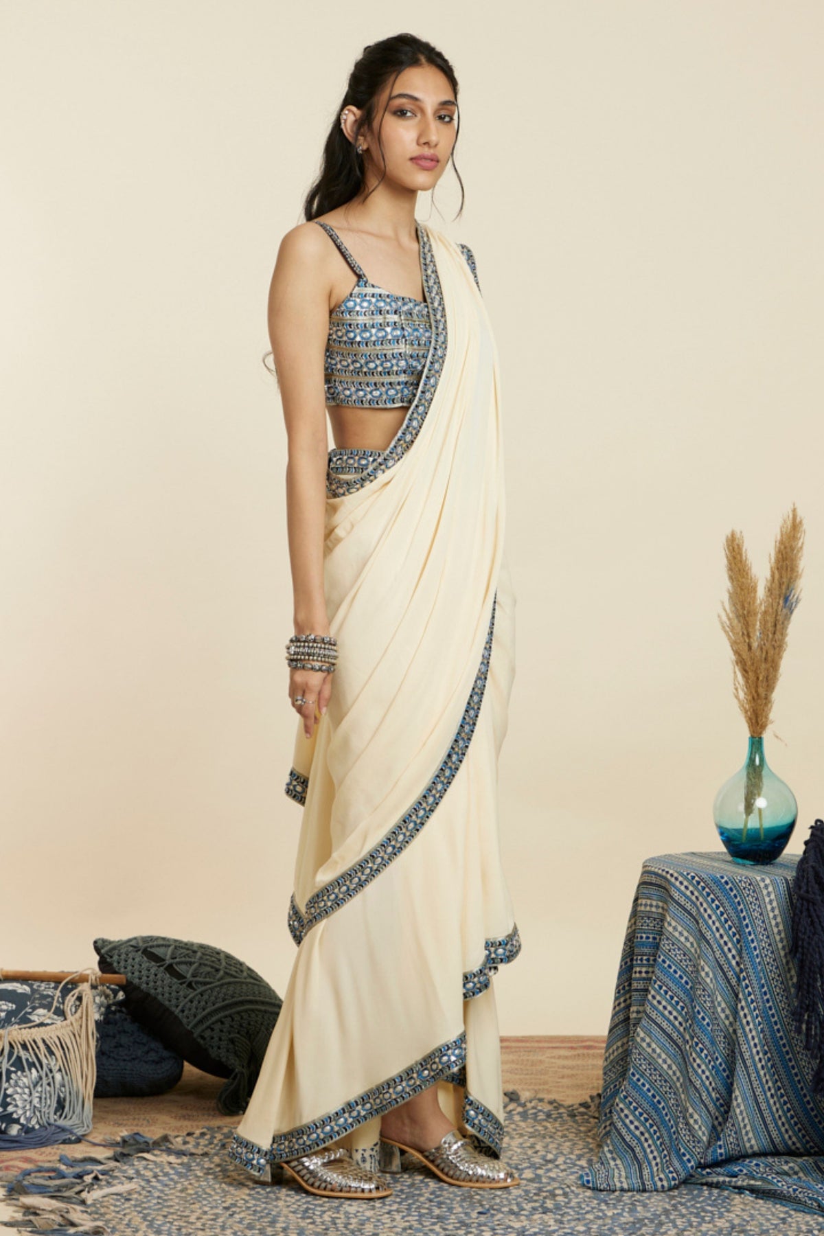 Beige Cascade Saree Set