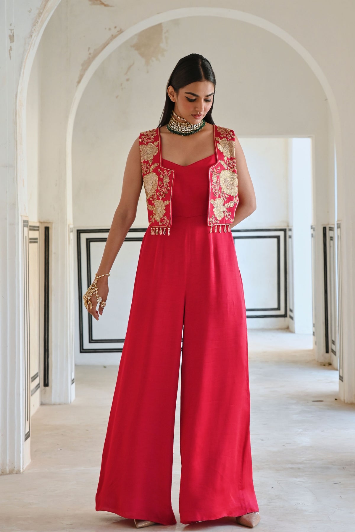 Red Embroidered Jumpsuit With Jacket