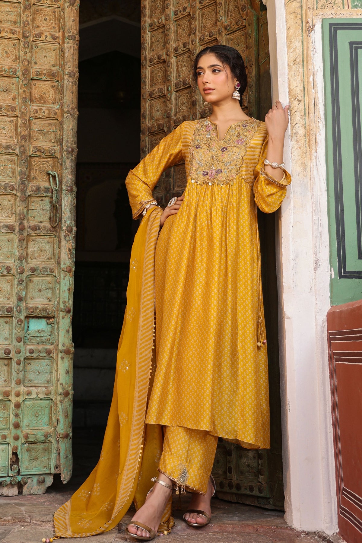 Printed Frockstyle Mustard Kurta Set