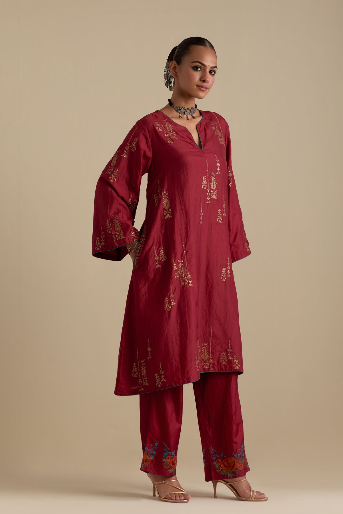 Barn Red Silk Short Kurta Set