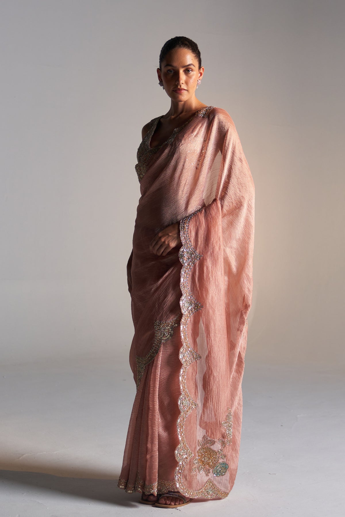 Salmon Peach Tissue Saree Set