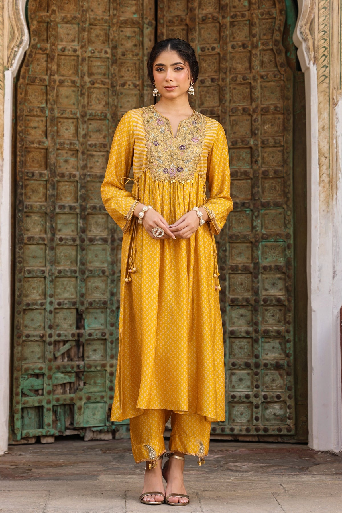 Printed Frockstyle Mustard Kurta Set