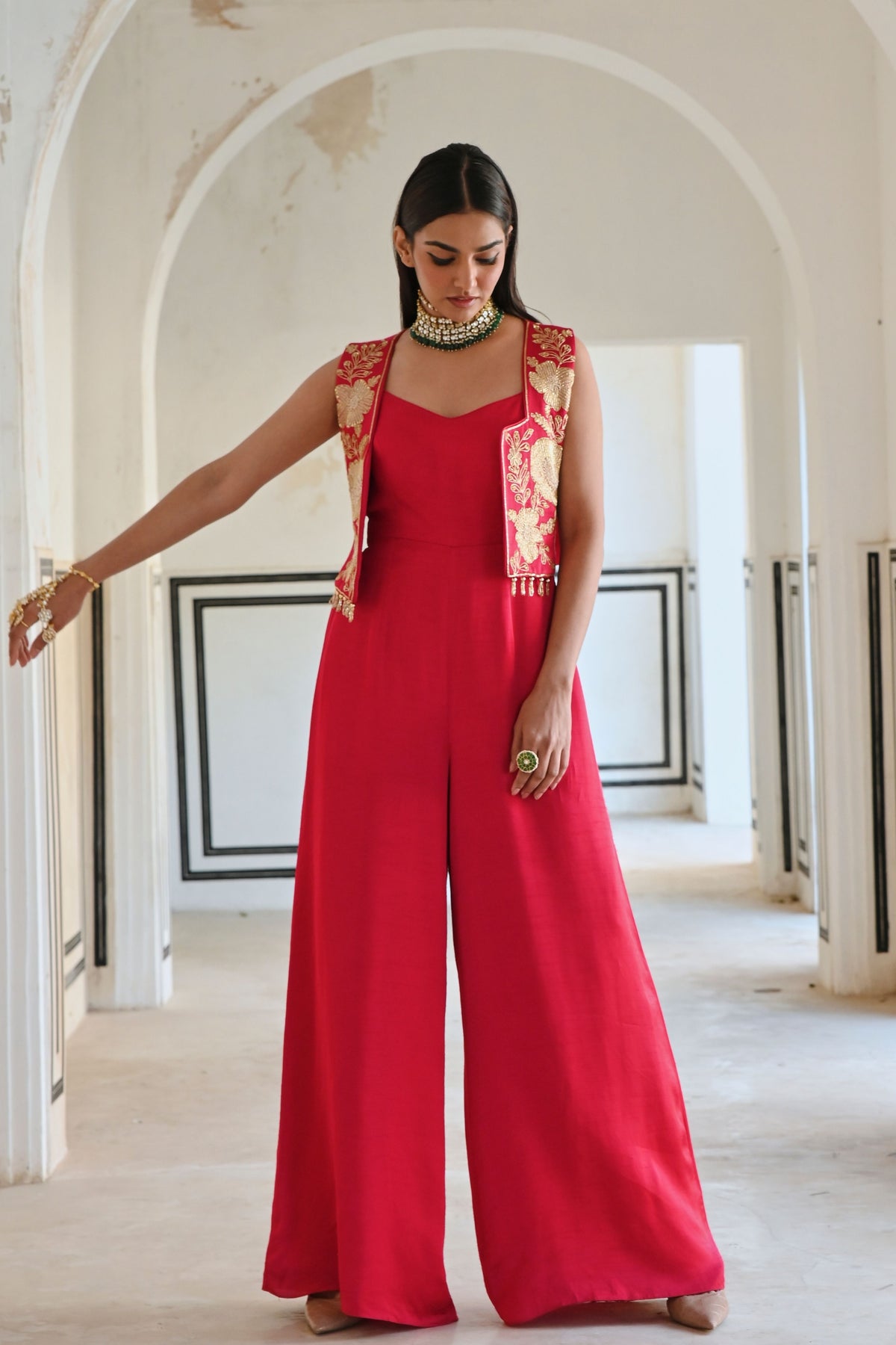 Red Embroidered Jumpsuit With Jacket