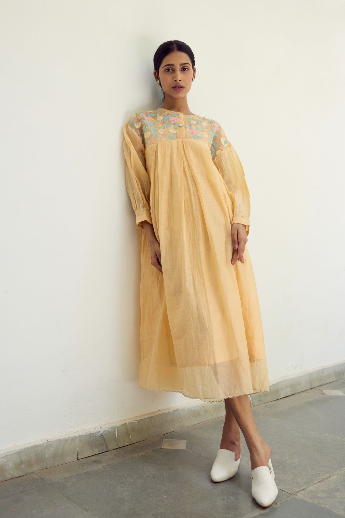 Peach Silk Organza Yoke Dress