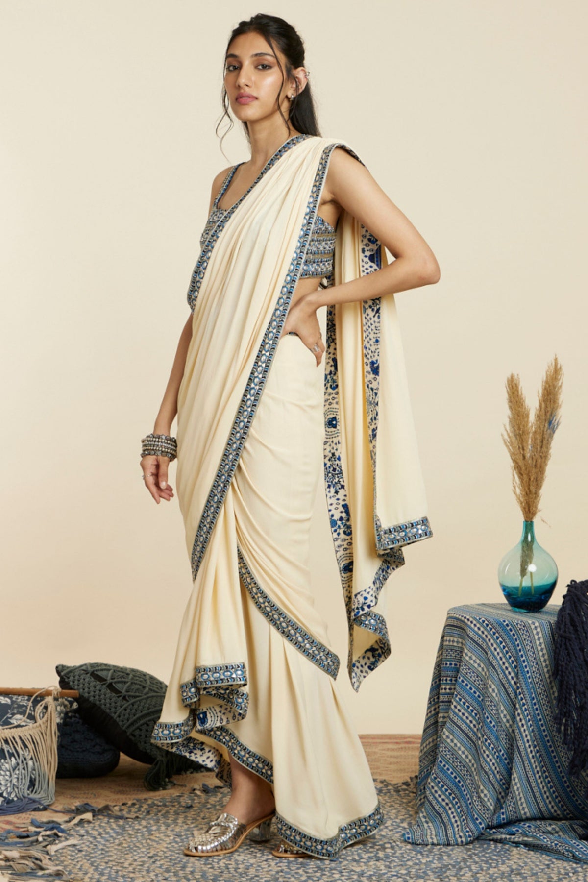 Beige Cascade Saree Set