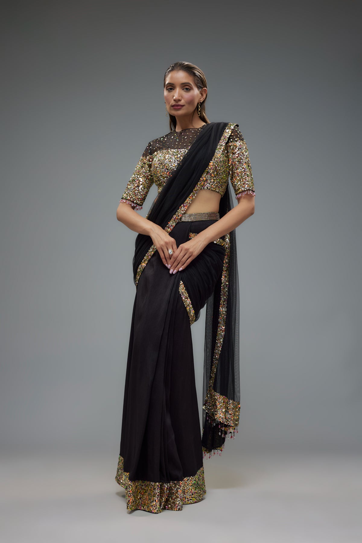 Black Sequence Embroidered Saree Set