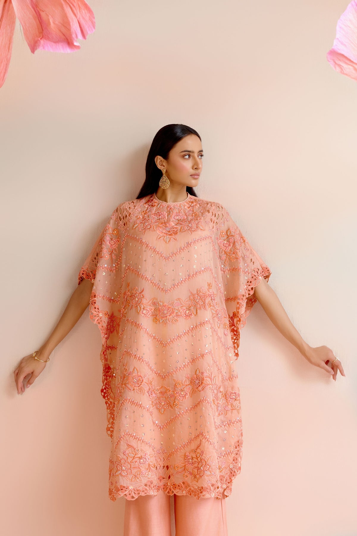 Apricot Multitonal Cutwork Kaftan