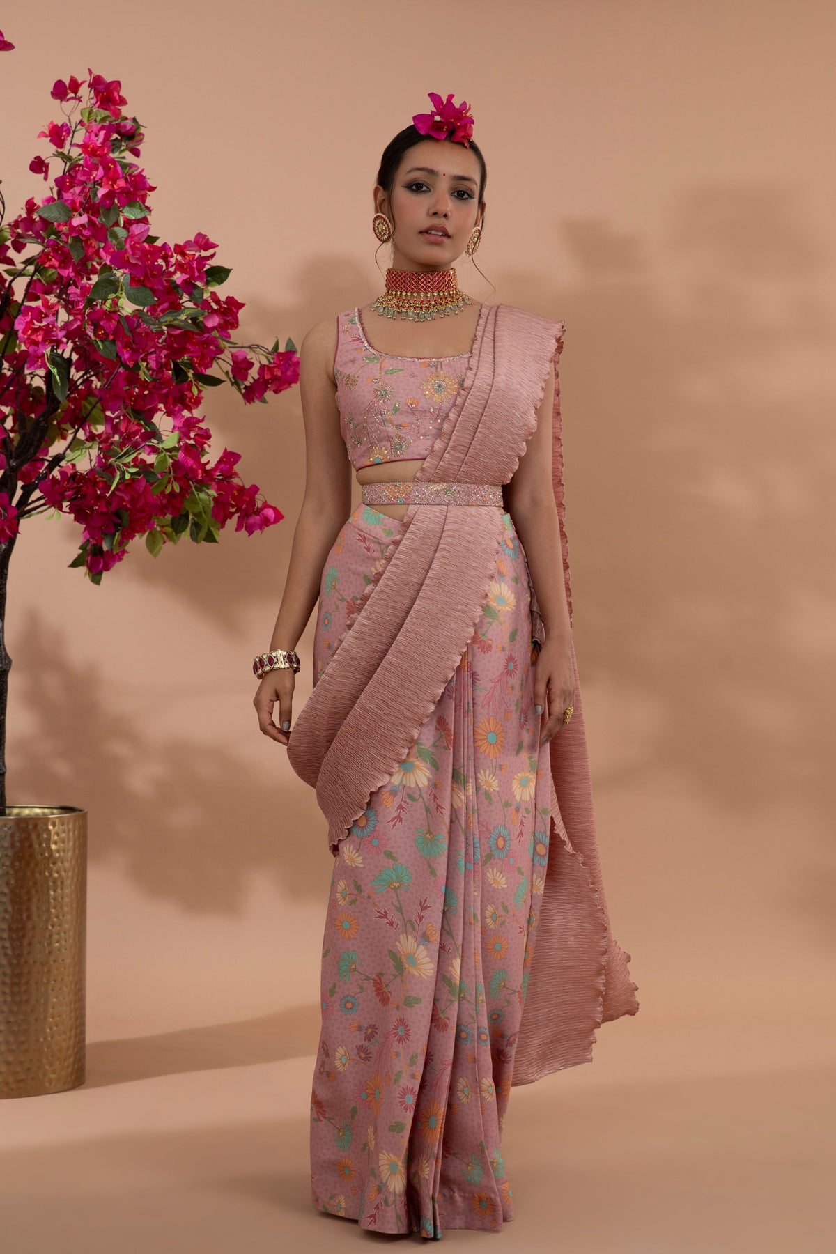 Dusty Rose Pre-draped Saree Set