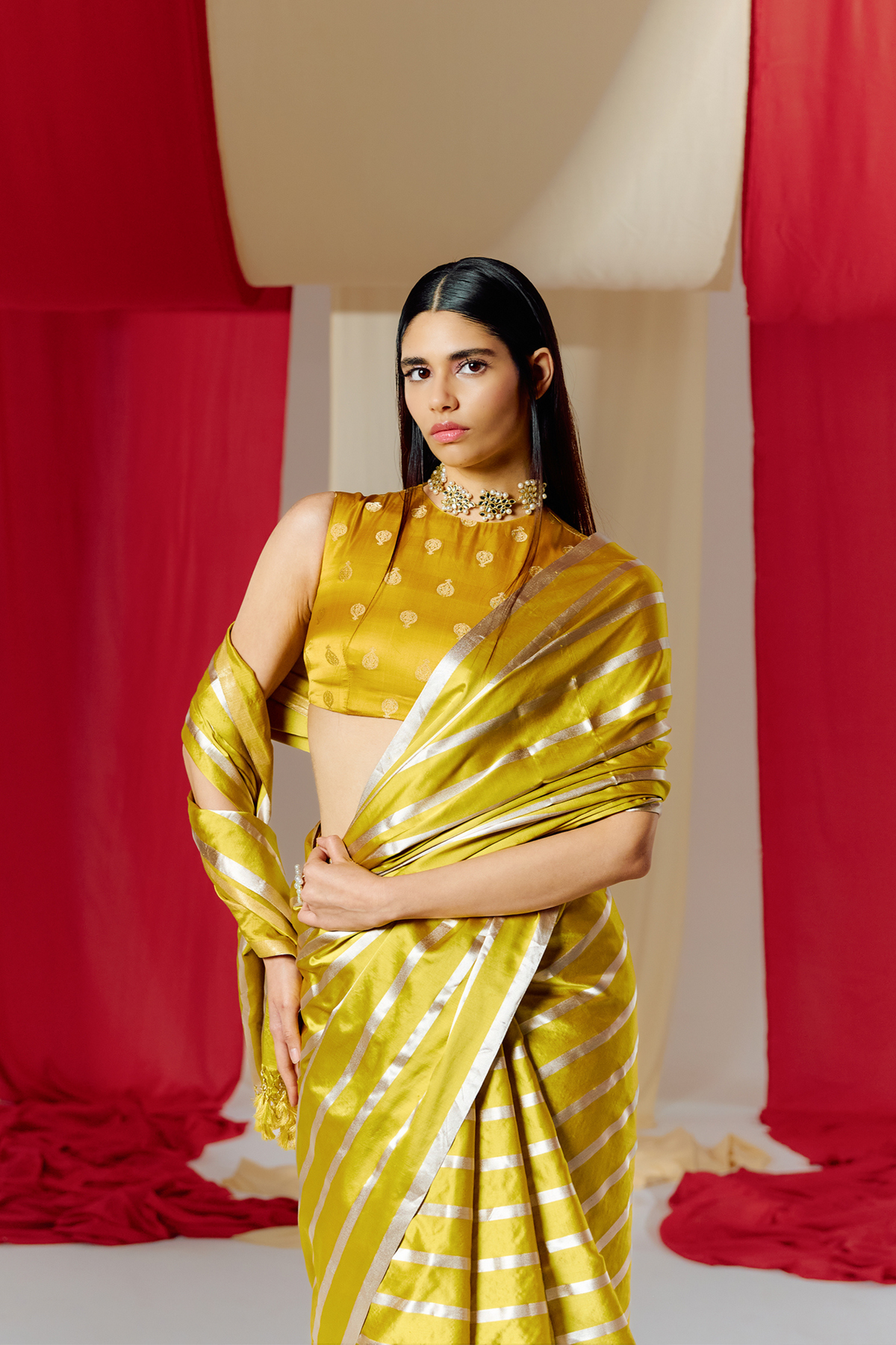 Handwoven Yellow Striped Silk Saree